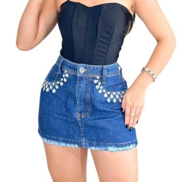 Imagem de Saia Jeans curta cintura alta feminina com detalhes bordado pedras lux