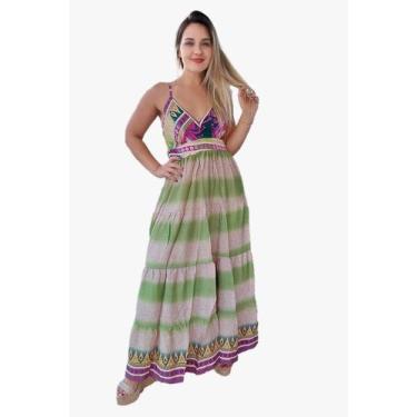 Imagem de Vestido Longo Indiano Alça c/Regulagem Estampado Toque de Seda-Cod.100