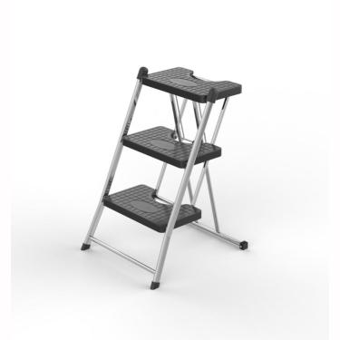 Imagem de Escada Doméstica Alcance 3 Degraus Cromada Aço Prata Dobrável Suporta 120kg Anodilar