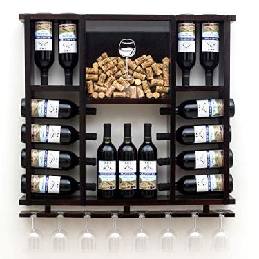 Imagem de Adega de Parede em Madeira Maciça para 15 garrafas de Vinho com Porta Rolhas e Taças - Nogueira