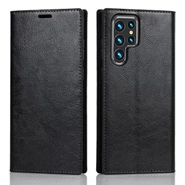 Imagem de Capa para Samsung Galaxy S22/S22+/S22 Ultra, capa carteira de couro legítimo magnético com compartimentos para cartões suporte dobrável à prova de choque TPU capas de telefone protetoras, preto, S22 15,4 cm