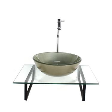 Imagem de KIT CUBA DE VIDRO REDONDA CHAMPANHE COM TAMPO 60CM INCOLOR E SUPORTE PRETO