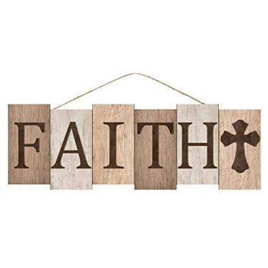 Imagem de Placa de cruz Faith em bloco de madeira - 35,5 cm x 12,7 cm, marrom, decoração de parede cristã rústica, Natal, igreja, Jesus Cristo, grinalda, casa, cozinha, escritório, Páscoa