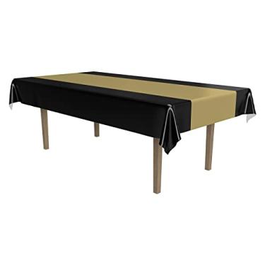 Imagem de Beistle Capa de mesa listrada preta e dourada, 137,2 cm x 274 cm – Pano de plástico, retangular, capas de mesa para festa, toalha de mesa de formatura, decorações noturnas de prêmios, 137 cm x 274 cm