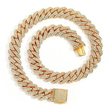 Imagem de Corrente de elos cubanos para homens/mulheres, corrente de ouro 18 quilates e diamante platina, colares grossos de hip hop de 15 mm., 24IN, Banhado a ouro, Zircônia cúbica