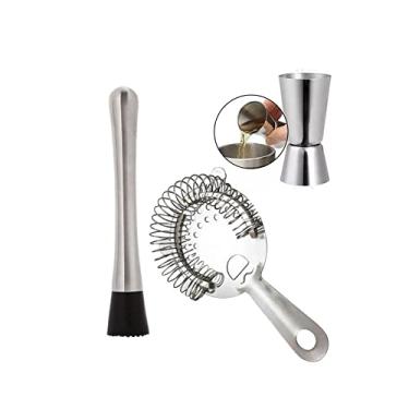 Imagem de Kit caipirinha Bartender Socador Masserador + Dosador duplo 30/60ml + Coador De Coquetel Strainer Inox 2 Apoios