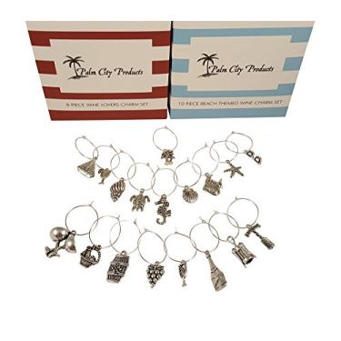 Imagem de Conjunto de dois conjuntos de pingentes de vinho - 18 peças no total, temas de praia e vinho