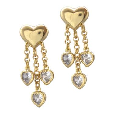 Imagem de Brinco Folheado a Ouro 18k Coração com Fios e Pedras Cravejadas Semijoia
