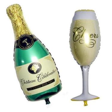 Imagem de Kit Com 2 Balões Metalizados Garrafa E Taça Champagne Festa 1M - Rayra