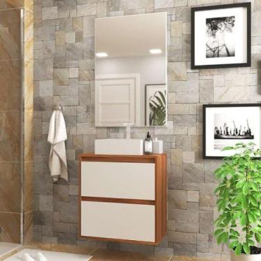 Imagem de Gabinete Para Banheiro Com Cuba E Espelheira 60cm Mdf Nogal Com Branco