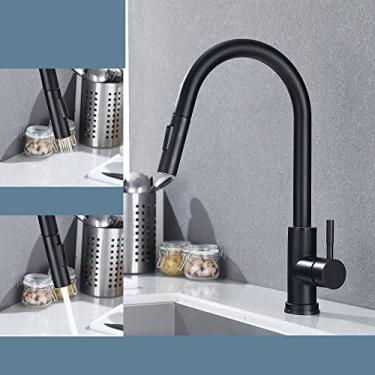 Imagem de Torneiras de cozinha Níquel escovado retrátil Pia de cozinha Torneira de água Misturador montado no convés Pulverizador de fluxo Cabeça quente e fria Torneiras preto cromado, pretoB