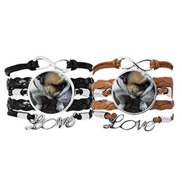 Imagem de DIYthinker Bulldog Pulseira para fotos de animais de estimação com alça de mão e pulseira de corda de couro, conjunto duplo para presente