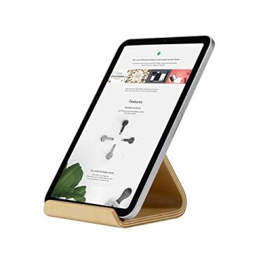 Imagem de Suporte Minimalismo de madeira para tablet iPad Mini para mesa, madeira de bétula branca natural compatível com Apple iPad, iPad Air, iPad Mini, Galaxy Tab, Kindle Fire, E-Reader e a maioria dos outros tablets de 6 a 13 polegadas