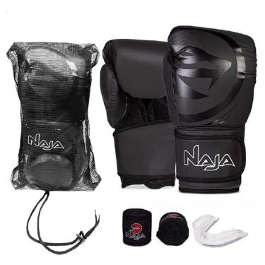 Imagem de Kit Luva de Boxe Muay Thai - Naja Mod. Black Line Preto + Bandagem + Bucal