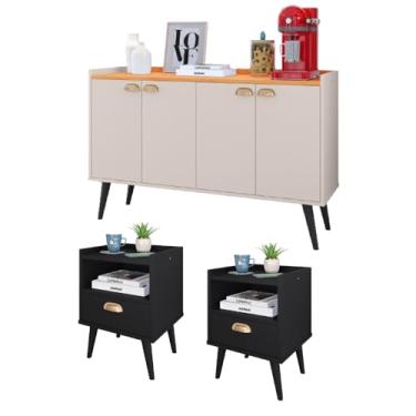 Imagem de Kit Casa Completa 2 Mesas Cabeceira Estilo Mesinhas Lateral Cama Aparador Buffet Kiev Cantinho Café Cozinha Sala Estar - RPM Móveis (Preto | Off White/Cinamomo)