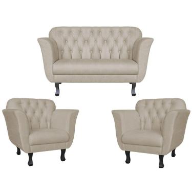 Imagem de Kit Namoradeira + 2 Poltronas Decorativa Dália Suede Bege Pés Madeira Mz Decor