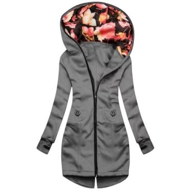 Imagem de AteecO Casaco feminino casual com capuz e manga floral com zíper, Cinza, M