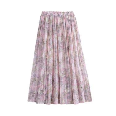 Imagem de Verão floral impressão tule plissado mulheres saias longas chiffon cintura alta solta saia guarda-chuva feminina (5 tamanho único)