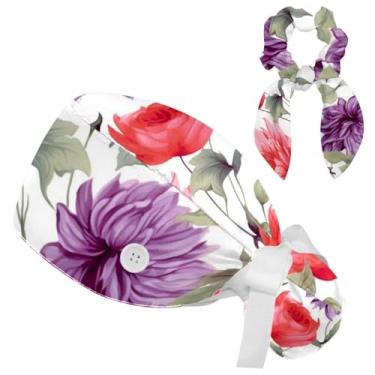 Imagem de Boné floral floral buffant para mulheres cabelo longo, boné cirúrgico com laço, chapéu de trabalho faixa de suor de algodão, Multicolorido 4, Small-XX-Large