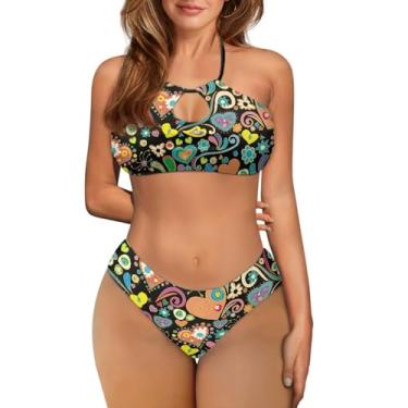 Imagem de Yewattles Conjunto de biquíni feminino, 2 peças, frente única, cruzado, biquíni e calça de praia de cintura baixa, Coração floral, 5G