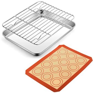 Imagem de P&P CHEF Assadeira de forno de 22 cm com rack e tapete para biscoitos, bandeja de aço inoxidável para forno e tapete de silicone para assar e assar, pode ser lavado na lava-louças e saudável, 3 peças