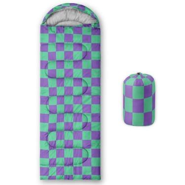 Imagem de Sacos de dormir para adultos e crianças, mochilão, acampamento, sacos de dormir para meninas e meninos, leve, impermeável, saco de dormir frio/quente para todas as estações (xadrez azul e branco,