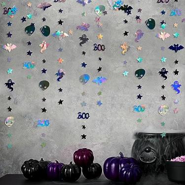 Imagem de 1,5 m de decoração de festa de Halloween, guirlandas, sinalização boo, fantasma, morcego, caveira, estrela, pendurado, bandeira, em preto iridescente, para dia das bruxas, aniversário, festa em casa