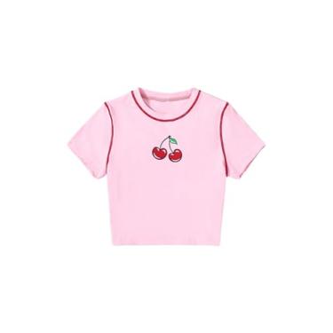 Imagem de RoseSeek Camiseta feminina de verão com estampa de borboleta, bordada, manga curta, gola redonda, acabamento de alface, rosa, 16 Anos