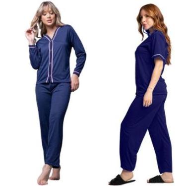 Imagem de Combo Pijamas Americanos Bloqueira Manga Curta e Longo Vekyo Amamentação Aberto Botão Linha Noite-Feminino