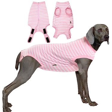 Imagem de Sychien Terno de recuperação de cães feminino, rosa grande camisa de recuperação de cirurgia, rosa-branco listrado GG
