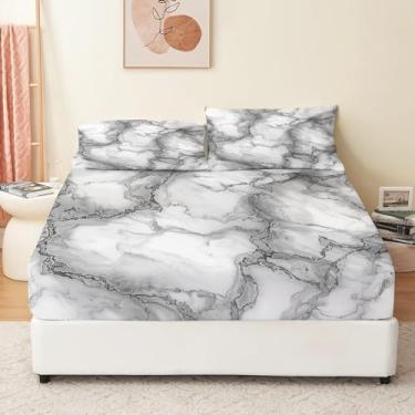 Imagem de Eojctoy Jogo de lençol King com tema de mármore preto e branco ultramacio 100% microfibra - Jogo de cama confortável respirável com bolso profundo de 40,6 cm - 4 peças de lençol