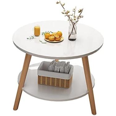 Imagem de Mesa de centro pequena redonda nórdica Mesa de lazer com varanda simples, mesa lateral do quarto Mesa final de armazenamento de camada dupla, suporte de carga estável, 50 x 50 x 52 cm, 60 x