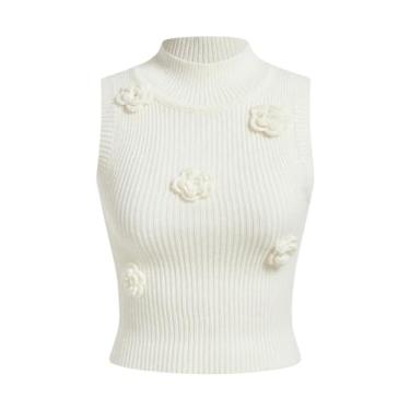 Imagem de Verdusa Suéter feminino floral com aplique de gola redonda suéter tricotado pulôver regata, Branco creme, P