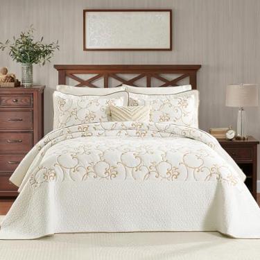 Imagem de Finlonte Colcha King extragrande 304.8 cm x 304.8 cm - 100% algodão Vine Bordado Cal King, colcha de cama off-white (marfim) Golden Vine, leve extra grande colcha com 2 fronhas