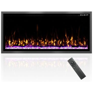 Imagem de Lareira Elétrica de Embutir A49x106L cm com Temporizador, Controle Remoto, Termostato, Lenha e Cristal Incluídos, 110V 1500W, Kucreiheat, Preta	