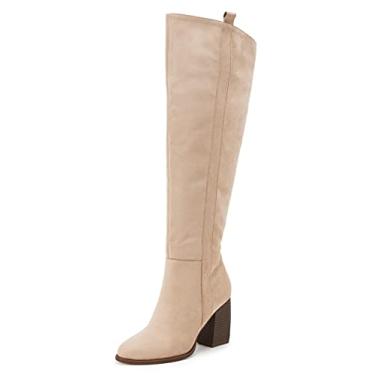 Imagem de SERAIH Botas femininas de cano alto com bico fino, camurça sintética, zíper lateral, salto grosso, elástico, para inverno, Bege, 5.5