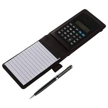 Imagem de PLENTY Capa de caderno de bolso de couro de luxo, organizador de anotações, suporte de bloco de notas com calculadora, papel para notas de 50 páginas, caneta e compartimento para cartão de visita