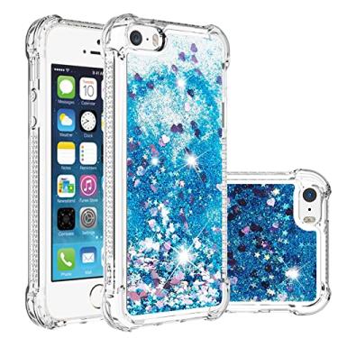 Imagem de LEMAXELERS Capa compatível com iPhone 5S, capa transparente com glitter brilhante flutuante areia movediça à prova de choque capa de silicone macio TPU para iPhone 5S / iPhone 5. YBL Love Blue