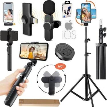Imagem de Kit Gravação Tripé 2m Bastão Controle Microfone Sem Fio Filmagem No iP