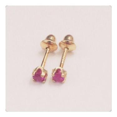 Imagem de Brincos Recém Nascidos Pedra Rubi 3mm Joia Delicada Ouro 18k - RD Maga
