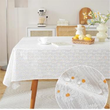 Imagem de Clothfuna Toalha de mesa com bordado 3D com margarida, toalha de mesa impermeável de linho branco, capa de mesa floral quadrada de linho para jantar, mesa de café, jardim, 140 x 140 cm