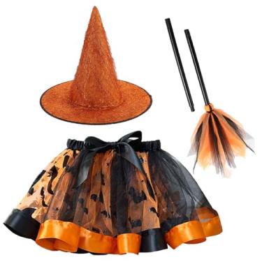 Imagem de Happy Cherry Conjunto de saia tutu de bruxa infantil com chapéu e vassoura, 3 peças, roupas de Halloween 3-8 anos, Laranja, 4-6 Anos