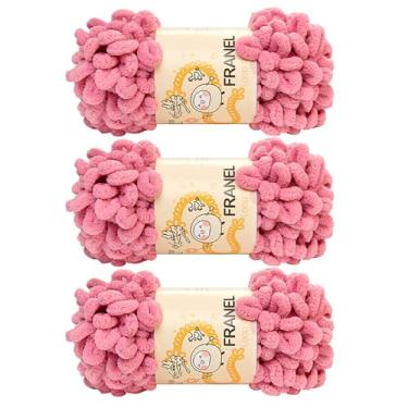Imagem de Franel Fio de malha 100% poliéster chenille puffy, fio de tricô grosso para artesanato, material macio e leve, perfeito para artesanato de tricô feito à mão (07 vermelho feijão rosa, pacote com 3)