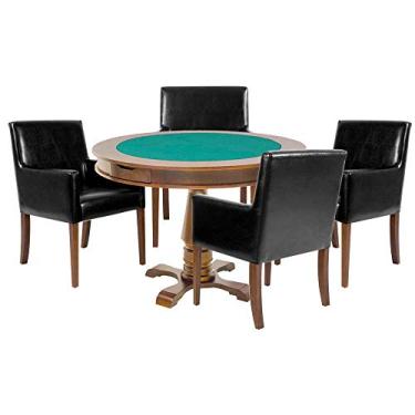 Imagem de Mesa de Jogos Carteado Victoria Redonda Tampo Reversível Amêndoa com 4 Cadeiras Liverpool PU Preto Liso - Gran Belo