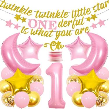 Imagem de Twinkle Twinkle Little Star 1st Birthday Decorations Girl Gold Pink Twinkle Twinkle Little Star Banner Gold Star Cake Topper Moon and Star Balloons for Baby Shower or Girl 1st Birthday Party