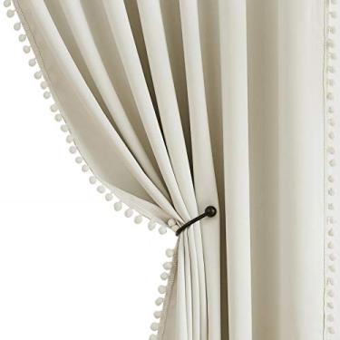 Imagem de Cortinas de pompom para janelas de quarto de 213 cm com isolamento térmico e eficiência energética, painéis de cortina para escurecimento de sala de estar, para cozinha, berçário, marfim, 132 cm de