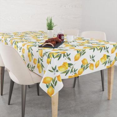 Imagem de Toalha De Mesa Retangular 6 Lugares Tecido Oxford Limão Aquarela Branc
