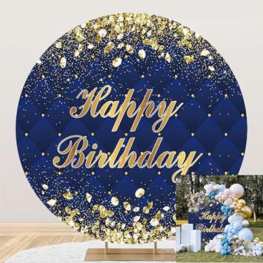 Imagem de Dorcev Capa de fundo redonda de feliz aniversário azul e dourado de 2,2 x 2,2 m com pontos de glitter dourados e design de losango azul safira para festas de aniversário de crianças e adultos