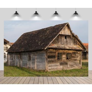 Imagem de CHNYWORK 2,7 m x 1,8 m Pano de fundo rústico de casa de fazenda vintage oeste cabana antiga fazenda celeiro porta gasta janela janela fundo de foto para decoração de festa de cowboys campo decoração