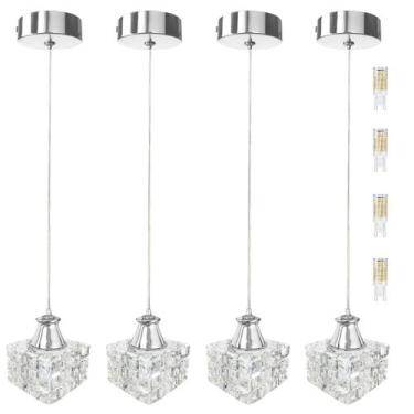Imagem de 4 Pendente De Cristal Transparente Quadrado Sala Bet43 + Led - Acienda